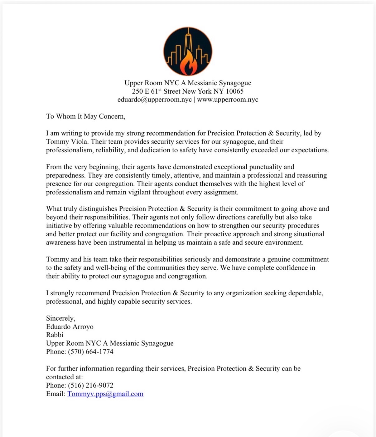 Recommendation letter from Rabbi Eduardo Arroyo, Upper Room NYC A Messianic Synagogue